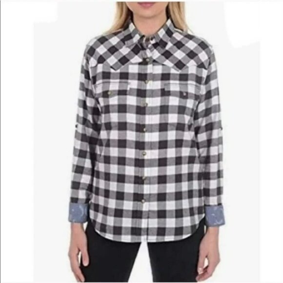 Jach's Girlfriend Black White Buffalo Plaid Women's Small Comfort Stretch Button - Picture 2 of 9